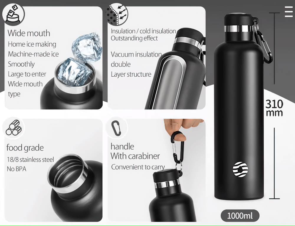 Stainless Steel Sports Water Bottle with Carabiner, 1000ml, Vacuum Insulated Flask, Ideal for Hot & Cold Beverages, with Easy Wide Mouth